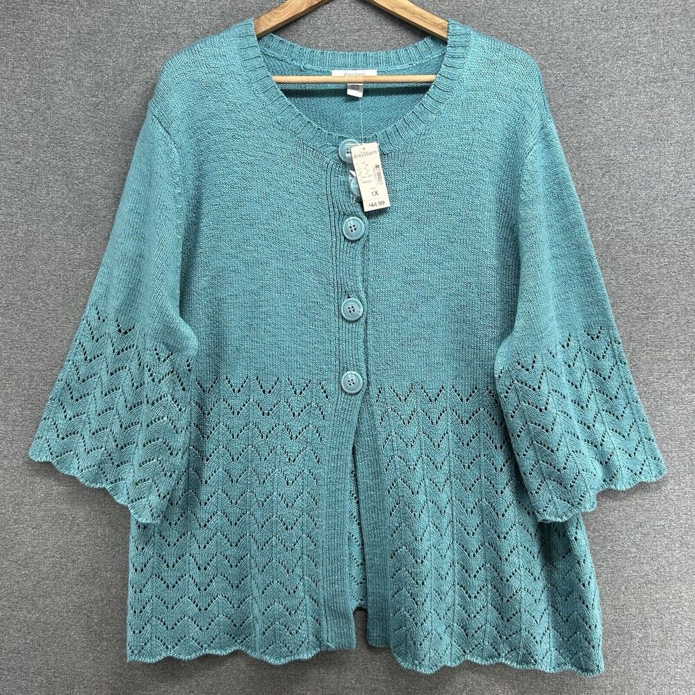 NWT Dressbarn Cardigan Sweater Womens 14/16 Teal Eyelet Knit Button Front 1X